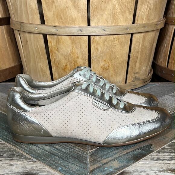 Cole Haan Air Tan Gold Perf Nubuck Metallic Leather Sneakers Women Size 8.5 - Picture 1 of 11